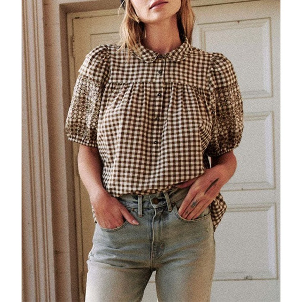 The Great. The Cross-Stitch Embroidered Mare Top in Army/White Gingham Size 0